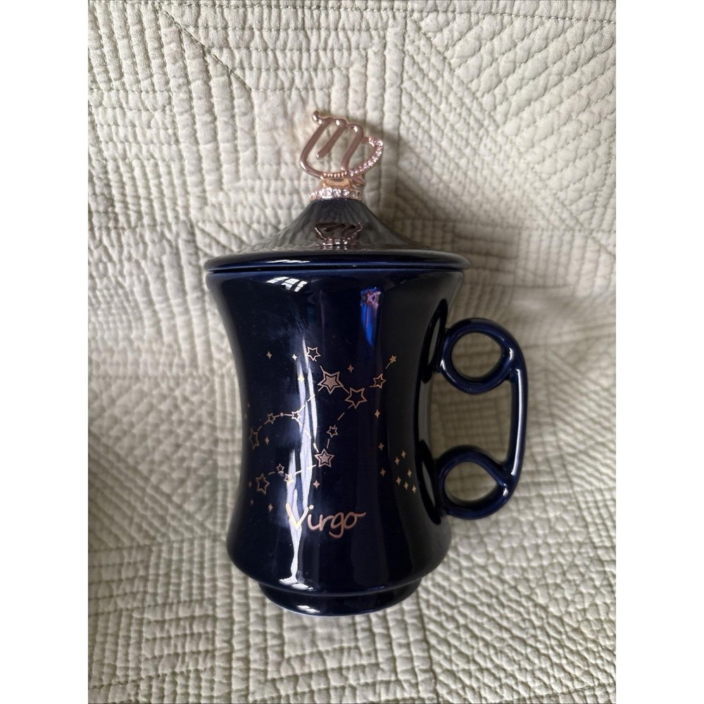 Navy Blue Virgo Zodiac Mug With Lid & Scroll Handle Tea Coffee